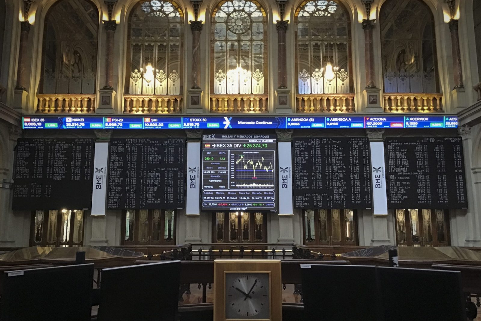 epa10172891 The Stock Exchange in Madrid, Spain, 09 September 2022. Ibex 35, Spain's main index, experienced a rise of 0.87 percent moments after the start of the session, boosted by the banks' rise, which was benefited by the increase by the Bank Central European (ECB) interest rates at 75 basis points the day before.  EPA/VEGA ALONSO DEL VAL