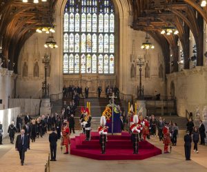 epa10184705 A handout photograph released by the UK Parliament shows the first members of the public attending the Lying-in-State of Britain's Queen Elizabeth II at the Palace of Westminster in London, Britain, 14 September 2022. The queen's lying in state will last for four days, ending on the morning of the state funeral on the 19 September.  EPA/UK PARLIAMENT/ROGER HARRIS HANDOUT -- MANDATORY CREDIT: UK PARLIAMENT/ROGER HARRIS -- HANDOUT EDITORIAL USE ONLY/NO SALES