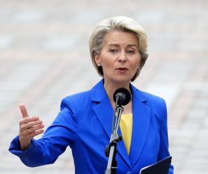 epa10185940 European Commission President Ursula von der Leyen speaks during her meeting with Ukrainian President Volodymyr Zelensky (not pictured) during their meeting in Kyiv, Ukraine, 15 September 2022. Ursula von der Leyen arrived in Kyiv to meet with top Ukrainian officials amid the Russian invasion.  EPA/SERGEY DOLZHENKO