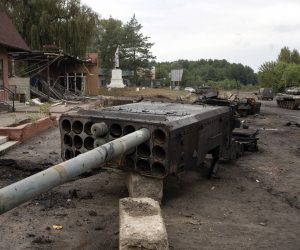 epa10186107 A destroyed Grad rocket launcher on a street in the reclaimed city of Izyum, Ukraine, 15 September 2022. The Ukrainian army pushed Russian troops from occupied territory in the northeast of the country in a counterattack. Kharkiv and surrounding areas have been the target of heavy shelling since February 2022, when Russian troops entered Ukraine starting a conflict that has provoked destruction and a humanitarian crisis.  EPA/ANASTASIA VLASOVA
