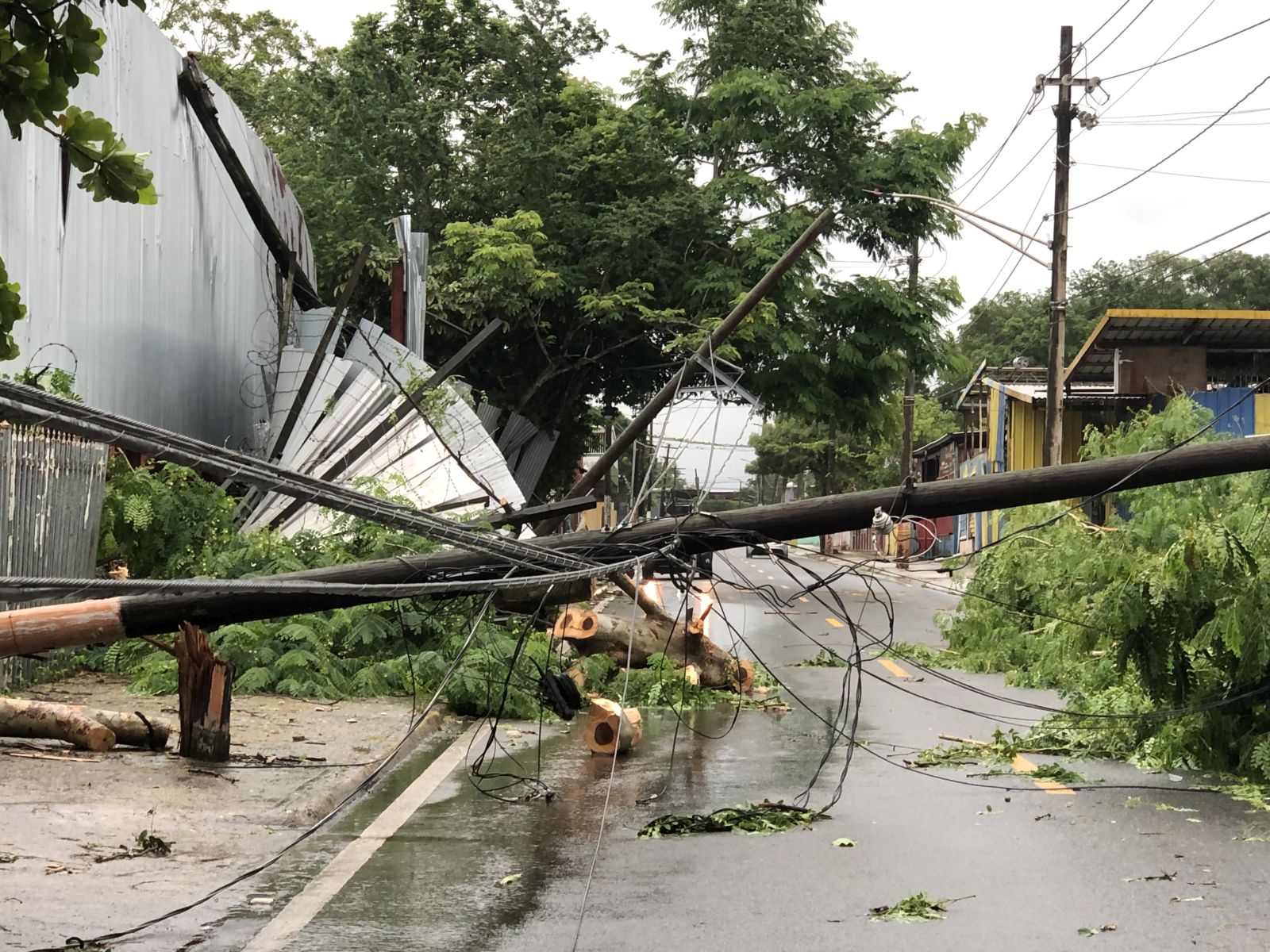 epa10194114 Fallen electrical poles after Hurricane Fiona passed through the Colo neighborhood in Carolina, a municipality near San Juan, Puerto Rico, 19 September 2022. The work to gradually restore the electrical service in Puerto Rico, which suffered a general blackout due to Hurricane Fiona, began  to obtain the first results in municipalities in the north of the island.  EPA/JORGE MUNIZ
