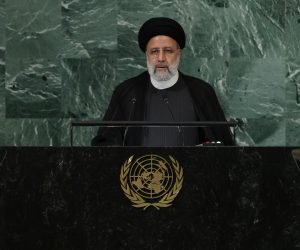 epa10196837 President Seyyed Ebrahim Raisi of Iran delivers his address during the 77th General Debate inside the General Assembly Hall at United Nations Headquarters in New York, New York, USA, 21 September 2022.  EPA/JUSTIN LANE