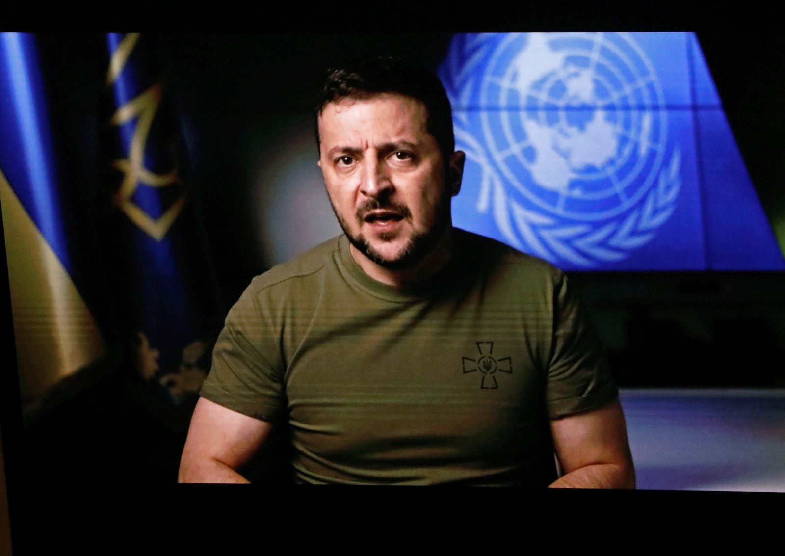 epa10197922 President of Ukraine, Volodymyr Zelenskyy delivers his video address during the 77th General Debate inside the General Assembly Hall at United Nations Headquarters in New York, New York, USA, 21 September 2022.  EPA/Peter Foley