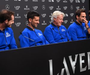 epa10198953 From L: British player Andy Murray, Serbian player Novak Djokovic, former World No.1 and captain of Team Europe Bjoern Borg of Sweden, Swiss player Roger Federer and Spanish player Rafael Nadal during a press conference in London, Britain, 22 September 2022, ahead of the Laver Cup tennis tournament starting on 23 September.  EPA/ANDY RAIN