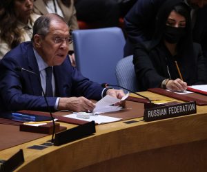 epa10199407 Russian Foreign Minister Sergey Lavrov speaks during a high-level United Nations Security Council meeting about the ongoing conflict in Ukraine on the sidelines of the General Debate of the UN General Assembly at UN Headquarters in New York, New York, USA, 22 September 2022.  EPA/JUSTIN LANE