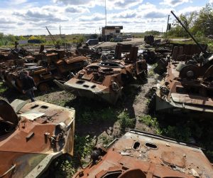 epa10199822 A junkyard of destroyed army vehicles in Izyum, Kharkiv region, Ukraine, 22 September 2022. The Ukrainian army pushed Russian troops from occupied territory in the northeast of the country in a counterattack. Kharkiv and surrounding areas have been the target of heavy shelling since February 2022, when Russian troops entered Ukraine starting a conflict that has provoked destruction and a humanitarian crisis.  EPA/OLEG PETRASYUK