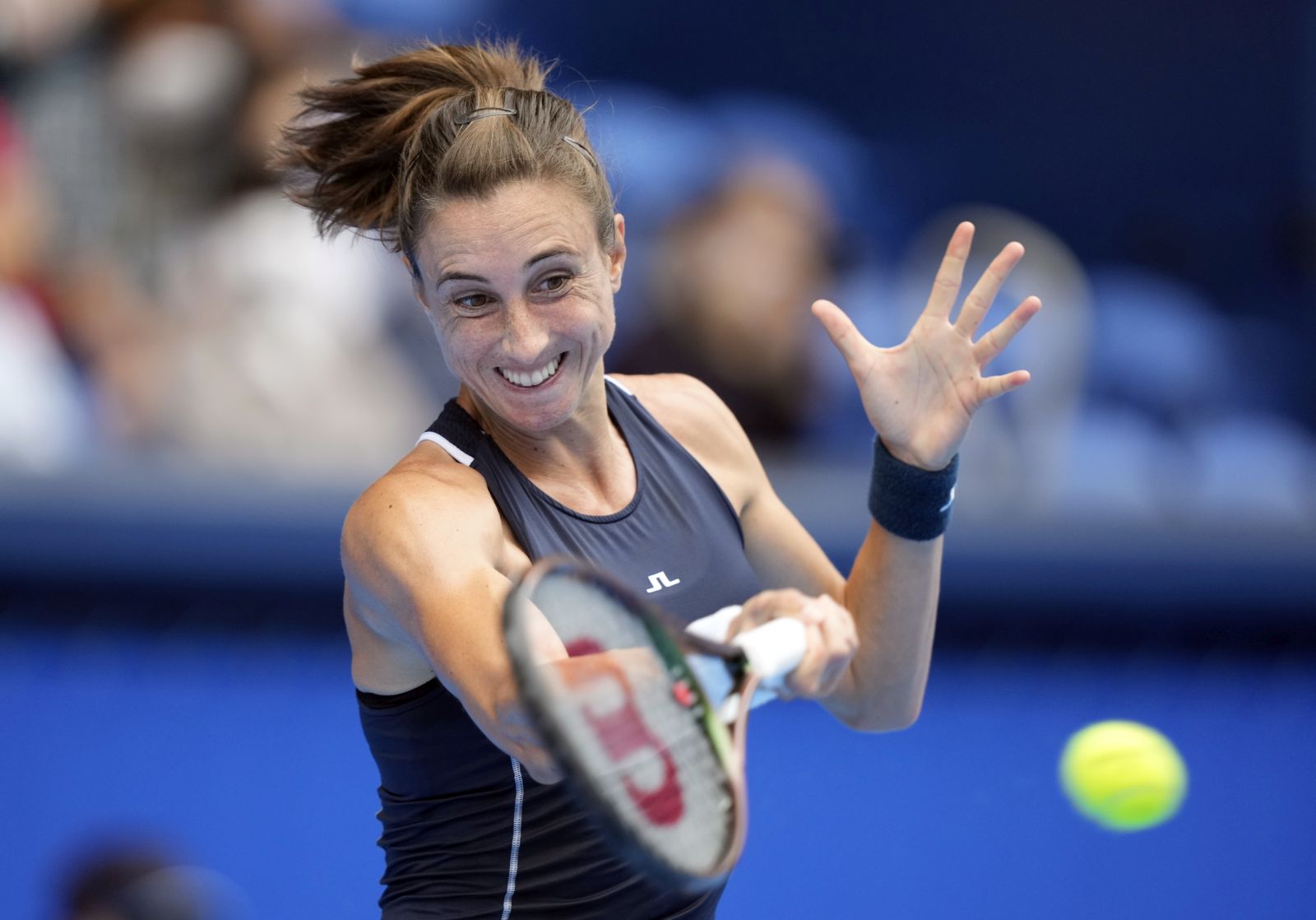 epa10200673 Petra Martic of Croatia in action against Zhang Shuai of China (not pictured) during their quarterfinal match at the Pan Pacific Open tennis tournament in Tokyo, Japan, 23 September 2022.  EPA/FRANCK ROBICHON