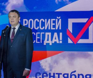 epa10201067 Head of the self-proclaimed LPR, Leonid Pasechnik, speaks in front of a banner reading 'With Russia forever' during a briefing in the Central Election Commission of the Luhansk People's Republic in Luhansk, Ukraine, 23 September 2022. From September 23 to 27, residents of the Donetsk People's Republic, Luhansk People's Republic, Kherson and Zaporizhzhia regions will vote in a referendum on joining the Russian Federation. Russian President Vladimir Putin said that the Russian Federation will ensure security at referendums in the DPR, LPR, Zaporizhzhia and Kherson regions and support their results.  EPA/STRINGER