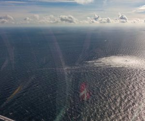 epa10209594 A handout photo taken from a Danish F-16 jet on 27 September 2022 and made available by the Danish Defence Command shows a gas leak of the Nord Stream 2 pipeline off Bornholm, Denmark, Baltic Sea. The Danish energy agency confirmed 27 September 2022 three gas leaks on the Nord Stream 1 and 2 pipelines.  EPA/Danish Defence Command / HANDOUT  HANDOUT EDITORIAL USE ONLY/NO SALES