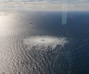 epa10209593 A handout photo taken from a Danish F-16 jet on 27 September 2022 and made available by the Danish Defence Command shows a gas leak of the Nord Stream 2 pipeline off Bornholm, Denmark, Baltic Sea. The Danish energy agency confirmed 27 September 2022 three gas leaks on the Nord Stream 1 and 2 pipelines.  EPA/Danish Defence Command / HANDOUT  HANDOUT EDITORIAL USE ONLY/NO SALES