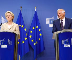 epa10211624 European Commission President Ursula von der Leyen (L) and EU High Representative for Foreign Affairs and Security Policy and European Commission Vice-President, Josep Borrell (R) hold a joint press statement to announce a new package of 'biting' sanctions against Russia at the European Commission in Brussels, Belgium, 28 September 2022. European Commission President Von der Leyen announced the proposal of a new package of sanctions against Russia to make 'the Kremlin pay the price' for the 'further escalation' of its invasion of Ukraine 'to a new level', condemning the 'sham referendum' to annex parts or Russia-occupied territories in Ukraine. The sanctions will include a listing of individuals and entities as well as further restrictions in trade, banning imports of Russian products, among others.  EPA/STEPHANIE LECOCQ