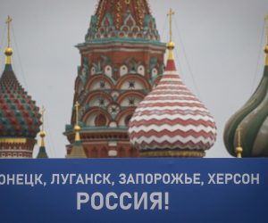 epa10213768 A stage featuring a sign reading 'Donetsk, Luhansk, Zaporozhye, Kherson Russia' during preparations for a celebration in front of St. Basil's Cathedral in downtown of Moscow, Russia, 29 September 2022. From 23 to 27 September, residents of the self-proclaimed Luhansk and Donetsk People's Republics as well as the Russian-controlled areas of the Kherson and Zaporizhzhia regions of Ukraine voted in a so-called 'referendum' to join the Russian Federation. Russian President Vladimir Putin will hold a signing ceremony September 30 to annex four more areas of Ukraine after the referendums condemned by Ukraine and the West as a sham.  EPA/SERGEI ILNITSKY