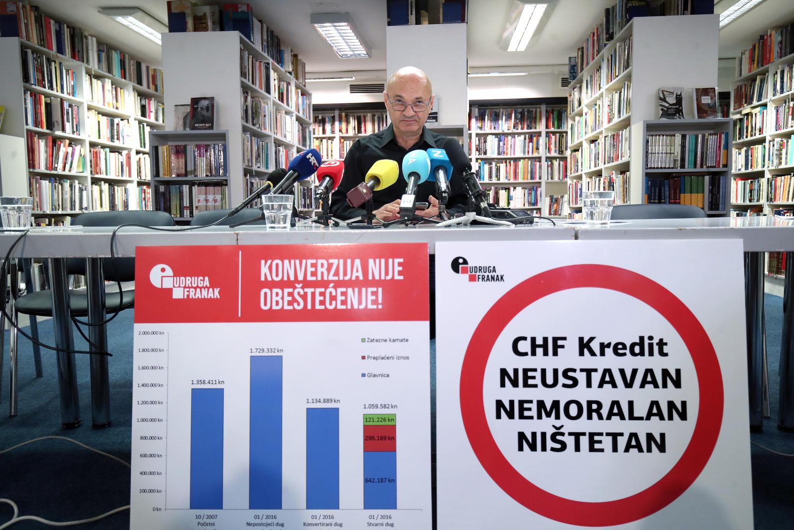 06.05.2022., Zagreb - Knjiznica Bogdana Ogrizovica. Udruga Franak odrzala je konferenciju za novinare na temu "Presuda Suda EU C-567/20 o pravima korisnika kredita koji su konvertirali kredite iz valute CHF u EUR". Na konferenciji su govorili: Elvir Sudar, Vlado Ivkic, Srdjan Kalibota, Goran Aleksic, Ana Herman, Jasna Cekada. Photo: Sanjin Strukic/PIXSELL