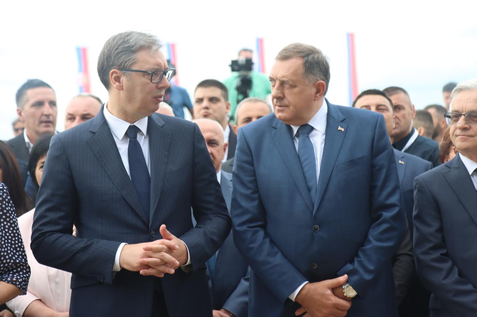 15, September, 2022, Bijeljina - In the Bijeljina settlement of Velika Obarska, the beginning of the construction of the Raca-Bijeljina highway section, an integral part of the future Banjaluka-Bijeljina-Belgrade and Belgrade-Sarajevo highways, was solemnized today.  Aleksandar Vucic, Milorad Dodik. Photo: Borislav Zdrinja/ZIPAPHOTO/ATAImages

15, septembar, 2022, Bijeljina - U bijeljinskom naselju Velika Obarska danas je svecano ozvanicen pocetak izgradnje deonice auto-puta Raca-Bijeljina, sastavnog dela buducih auto-puteva Banjaluka-Bijeljina-Beograd i Beograd-Sarajevo. Photo: Borislav Zdrinja/ZIPAPHOTO/ATAImages Photo: Borislav Zdrinja/ATAImages/PIXSELL