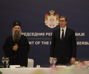 18, May, 2022, Belgrade - The President of the Republic of Serbia, Aleksandar Vucic, hosted His Holiness the Serbian Patriarch Mr. Porfirije and the bishops of the Serbian Orthodox Church, who gathered at this year's regular Council of Bishops of the Serbian Orthodox Church, in the building of the General Secretariat of the President of the Republic. Serbian Patriarch Porfirije, Aleksandar Vucic. Photo: Milos Tesic/ATAImages

18, maj, 2022, Beograd - Predsednik Republike Srbije Aleksandar Vucic ugostio je Njegovu svetost patrijarha srpskog g. Porfirija i gospodu episkope Srpske pravoslavne crkve, koji su se okupili na redovnom ovogodisnjem arhijerejskom Saboru SPC, u zgradi Generalnog sekretarijata predsednika Republike. Photo: Milos Tesic/ATAImages Photo: Milos Tesic/ATA Images/PIXSELL