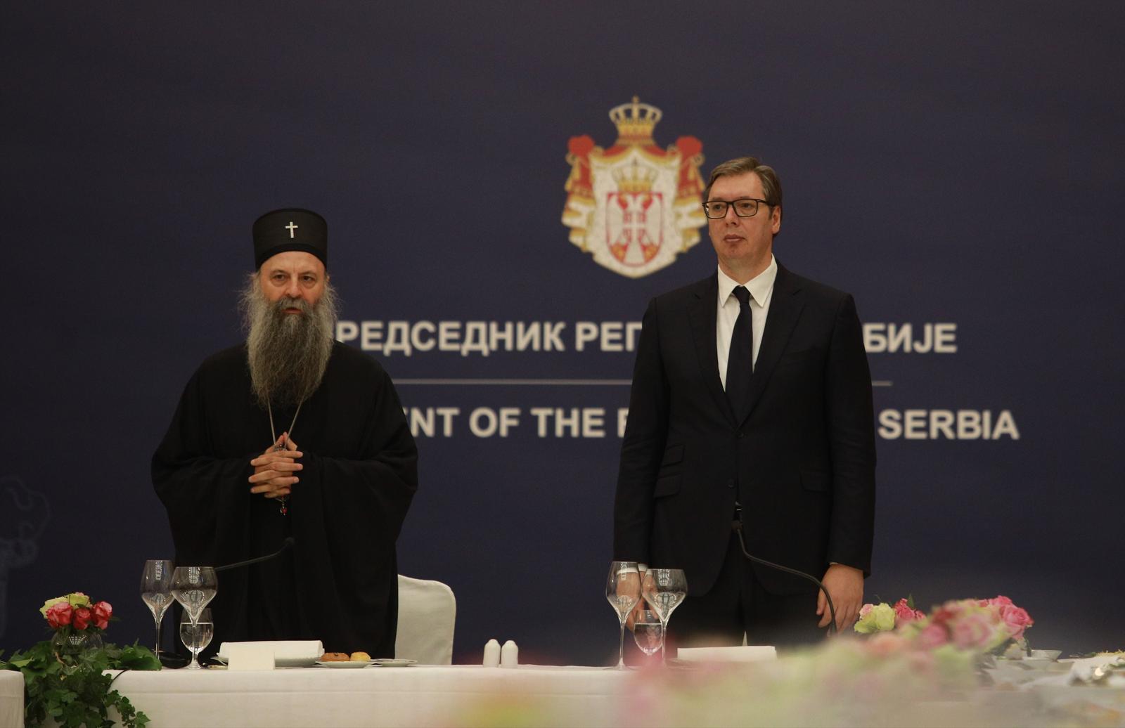 18, May, 2022, Belgrade - The President of the Republic of Serbia, Aleksandar Vucic, hosted His Holiness the Serbian Patriarch Mr. Porfirije and the bishops of the Serbian Orthodox Church, who gathered at this year's regular Council of Bishops of the Serbian Orthodox Church, in the building of the General Secretariat of the President of the Republic. Serbian Patriarch Porfirije, Aleksandar Vucic. Photo: Milos Tesic/ATAImages

18, maj, 2022, Beograd - Predsednik Republike Srbije Aleksandar Vucic ugostio je Njegovu svetost patrijarha srpskog g. Porfirija i gospodu episkope Srpske pravoslavne crkve, koji su se okupili na redovnom ovogodisnjem arhijerejskom Saboru SPC, u zgradi Generalnog sekretarijata predsednika Republike. Photo: Milos Tesic/ATAImages Photo: Milos Tesic/ATA Images/PIXSELL