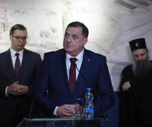 22, April, 2021, Belgrade - The exhibition "Holy New Martyrs of Jasenovac in the Light of the Resurrection" opened at the History Museum of Serbia. Milorad Dodik, Aleksandar Vucic, Serbian Patriarch Porfirije. Photo: Milos Tesic/ATAImagesrr22, april, 2021, Beograd  - U Istorijskom muzeju Srbije otvorena izlozbe "Sveti novomucenici jasenovacki u svetlosti Vaskrsenja". Photo: Milos Tesic/ATAImages