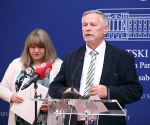 22.09.2022., Zagreb - Na konferenciji za medije Kluba zastupnika Socijaldemokrati odrzanoj u Saboru zastupnici Davorko Vidovic i Katica Glamuzina govorili su o temi "Stiti li sustav zene od nasilja u Hrvatskoj".
 Photo: Patrik Macek/PIXSELL