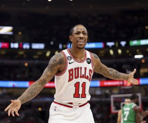 October 24, 2022: Chicago Bulls forward DeMar DeRozan 11 looks at a referee after they called the ball out-of-bounds on the Bulls during the first period against the Boston Celtics at the United Center Monday Oct. 24, 2022, in Chicago. - ZUMAm67_ 20221024_zaf_m67_037 Copyright: xArmandoxL.xSanchezx