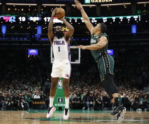 Oct 18, 2022; Boston, Massachusetts, USA; Philadelphia 76ers guard James Harden (1) shoots against Boston Celtics forward Grant Williams (12) during the first quarter at TD Garden. Mandatory Credit: Winslow Townson-USA TODAY Sports