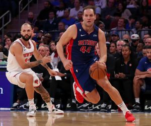 Oct 21, 2022; New York, New York, USA; Detroit Pistons forward Bojan Bogdanovic (44) moves the ball past New York Knicks guard Evan Fournier (13) during the second quarter at Madison Square Garden. Mandatory Credit: Tom Horak-USA TODAY Sports