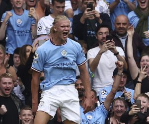 August 27, 2022, Manchester, United Kingdom: Manchester, England, 27th August 2022. Erling Haaland of Manchester City celebrates scoring his hatrick goal during the Premier League match at the Etihad Stadium, Manchester. (Credit Image: © Darren Staples/CSM via ZUMA Press Wire) (Cal Sport Media via AP Images)