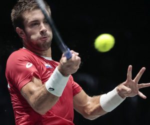 epa10186150 Borna Coric of Croatia in action against Mikael Ymer of Sweden during the Davis Cup Finals group A tie between Croatia and Sweden in Casalecchio, near Bologna, Italy, 15 September 2022.  EPA/ELISABETTA BARACCHI