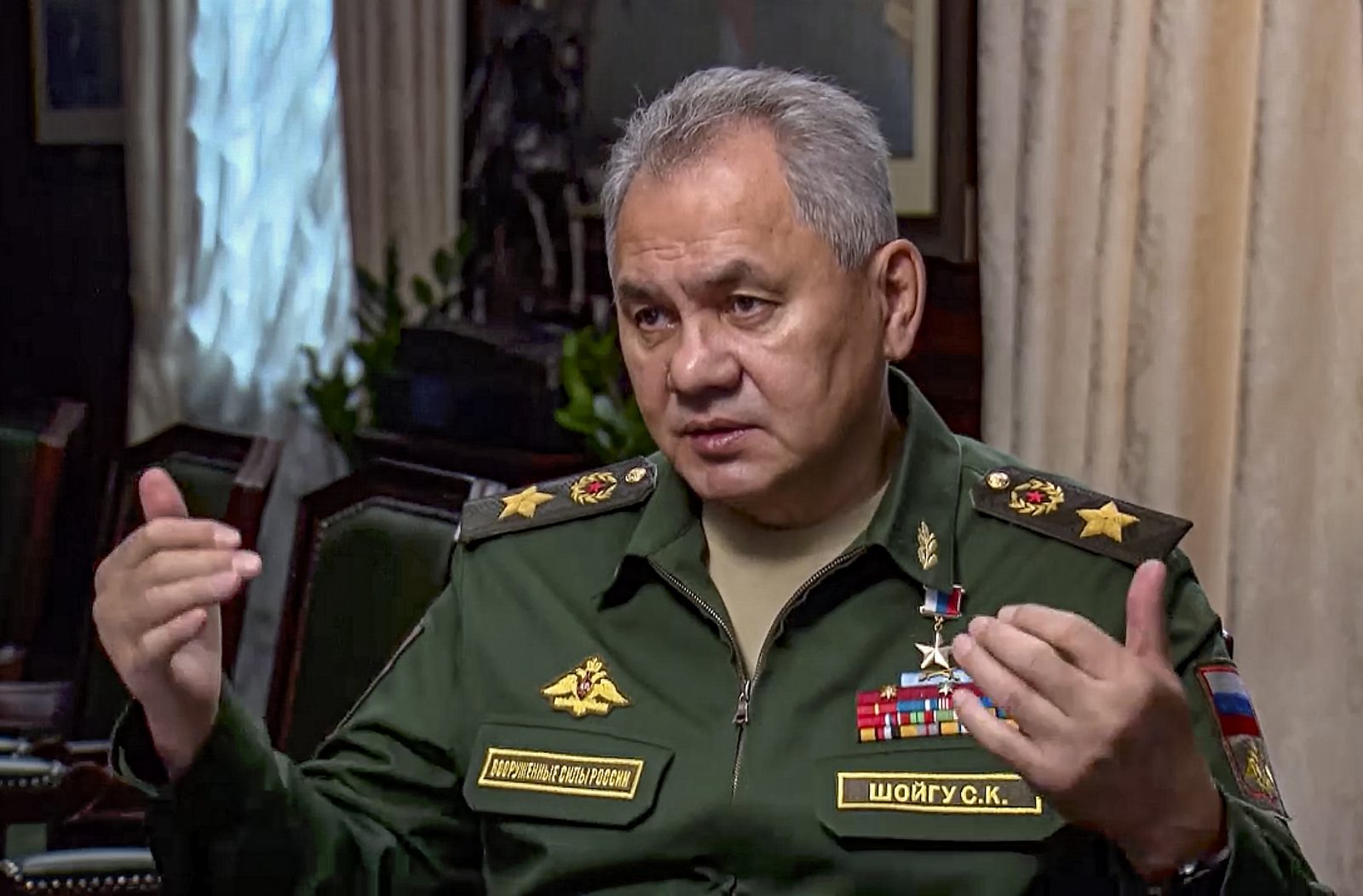 epa10196801 A handout still image taken from handout video provided by the Russian Defence Ministry’s press service shows Russian Defense Minister Sergei Shoigu speaking during live broadcast to address the ongoing situation in Ukraine, in Moscow, Russia, 21 September 2022. The Russian president announced in a televised address to the nation that he has signed a decree on partial mobilization in the Russian Federation, with mobilization activities starting on 21 September. Russian citizens who are in the reserve will be called up for military service.  EPA/RUSSIAN DEFENCE MINISTRY PRESS SERVICE HANDOUT HANDOUT EDITORIAL USE ONLY/NO SALES HANDOUT EDITORIAL USE ONLY/NO SALES