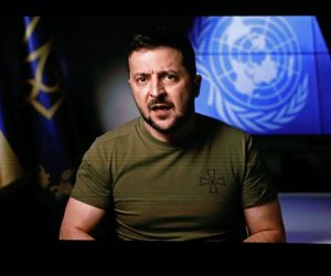 epa10197922 President of Ukraine, Volodymyr Zelenskyy delivers his video address during the 77th General Debate inside the General Assembly Hall at United Nations Headquarters in New York, New York, USA, 21 September 2022.  EPA/Peter Foley