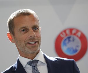 epa10199145 UEFA President Aleksander Ceferin attends a press conference after his meeting with Latvian Football Federation (LFF) president Vadims Lasenko in Riga, Latvia, 22 September 2022. Aleksander Ceferin visited Latvia to discuss the cooperation between LFF and local authorities in the construction of a football stadium in Riga.  EPA/TOMS KALNINS
