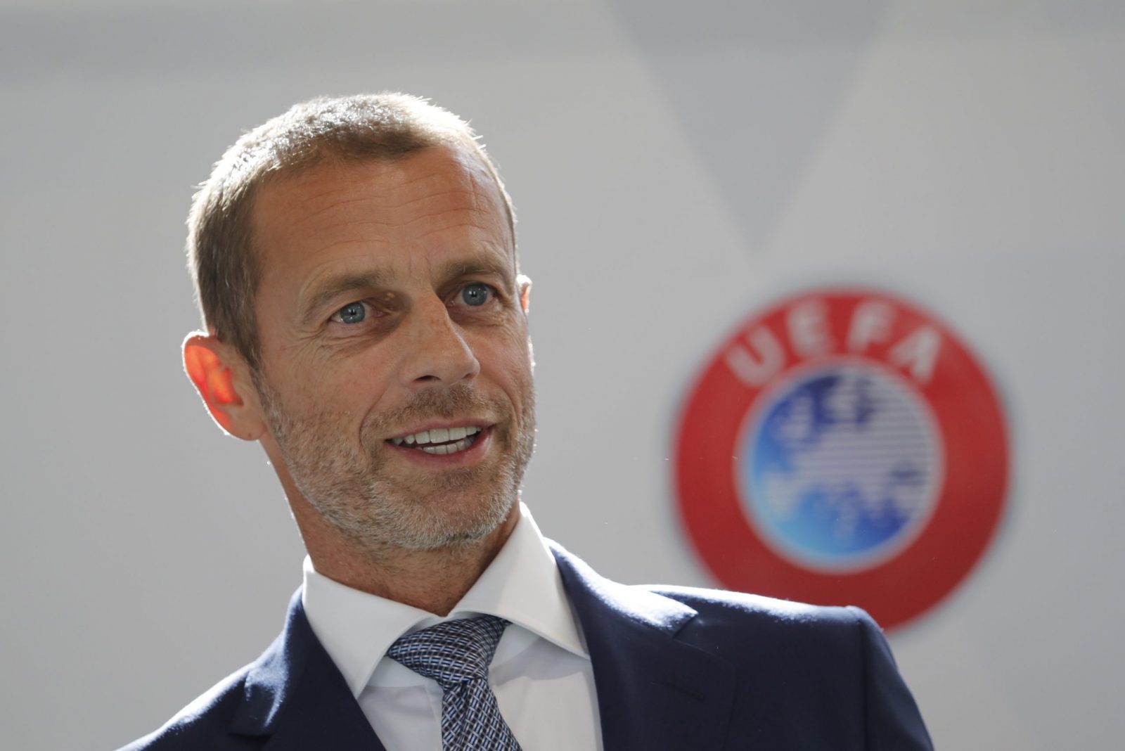 epa10199145 UEFA President Aleksander Ceferin attends a press conference after his meeting with Latvian Football Federation (LFF) president Vadims Lasenko in Riga, Latvia, 22 September 2022. Aleksander Ceferin visited Latvia to discuss the cooperation between LFF and local authorities in the construction of a football stadium in Riga.  EPA/TOMS KALNINS