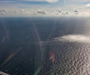 epa10209594 A handout photo taken from a Danish F-16 jet on 27 September 2022 and made available by the Danish Defence Command shows a gas leak of the Nord Stream 2 pipeline off Bornholm, Denmark, Baltic Sea. The Danish energy agency confirmed 27 September 2022 three gas leaks on the Nord Stream 1 and 2 pipelines.  EPA/Danish Defence Command / HANDOUT  HANDOUT EDITORIAL USE ONLY/NO SALES
