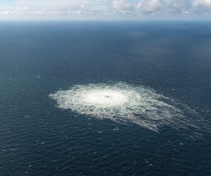 epa10209592 A handout photo taken from a Danish F-16 jet on 27 September 2022 and made available by the Danish Defence Command shows a gas leak of the Nord Stream 2 pipeline off Bornholm, Denmark, Baltic Sea. The Danish energy agency confirmed 27 September 2022 three gas leaks on the Nord Stream 1 and 2 pipelines.  EPA/Danish Defence Command / HANDOUT  HANDOUT EDITORIAL USE ONLY/NO SALES