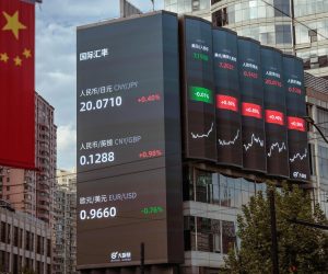 epa10213301 A large screen shows latest stock and currency exchange data, in Shanghai, China, 29 September 2022. China's yuan hit a record low against the US dollar on 28 September, the weakest since the global crisis in 2008, despite the central bank taking steps to rein in the currency weakness.  EPA/ALEX PLAVEVSKI