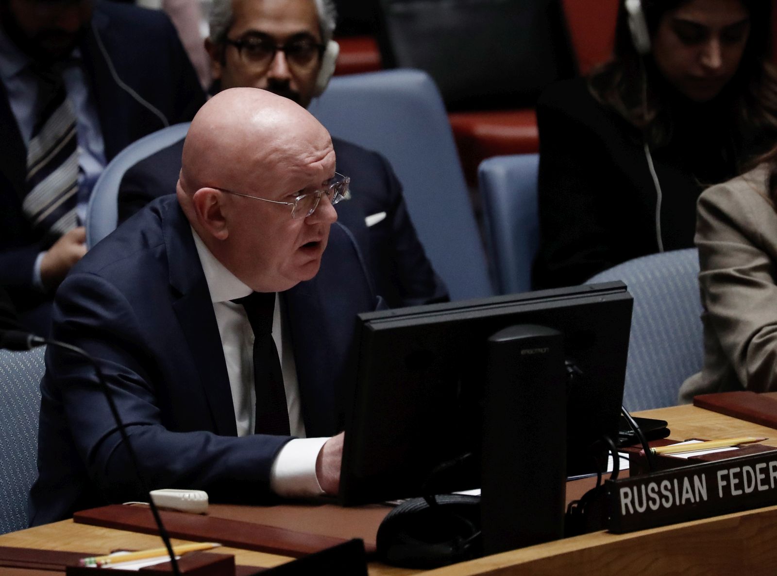 epa10216588 Russian Ambassador to the United Nations Vassily Nebenzia, speaks during a United Nations Security Council meeting on the situation in Ukraine at United Nations Headquarters in New York, New York, USA, 30 September 2022. The Russian President has declared that there are four new regions of Russia and signed on 30 September the formal annexation of the Kherson, Zaporizhzhia, Donetsk and Luhansk regions of Ukraine.  EPA/Peter Foley