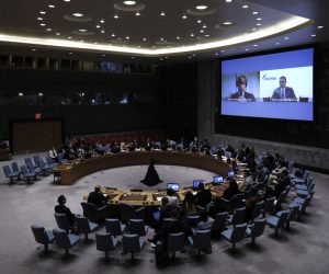epa10216654 Sergey Kupriyanov Press Secretary of Gazprom (R) and Marc-Antoine Eyl-Mazzega Ifri Center for Energy & Climate Director appear on screen during a United Nations Security Council meeting on the situation in Ukraine at United Nations Headquarters in New York, New York, USA, 30 September 2022. The Russian President has declared that there are four new regions of Russia and signed on 30 September the formal annexation of the Kherson, Zaporizhzhia, Donetsk and Luhansk regions of Ukraine.  EPA/Peter Foley