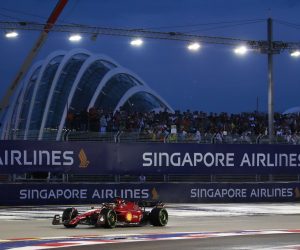 epa10217365 Monaco's Formula One driver Charles Leclerc of Scuderia Ferrari in action during the third practice session of the Singapore Formula One Grand Prix at the Marina Bay Street Circuit, Singapore, 01 October 2022. The Formula One Grand Prix of Singapore will take place on 02 October 2022.  EPA/TOM WHITE