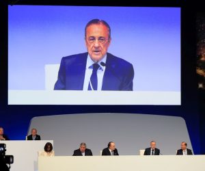 epa10218986 President of Real Madrid Florentino Perez speaks during the Ordinary and Extraordinary General Assemblies of the Spanish La Liga's team Real Madrid, in Madrid, Spain, 02 October 2022.  EPA/FERNANDO ALVARADO