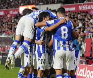epa10220235 Real Sociedad's Takefusa Kubo (2-L) celebrates with teammates after scoring during the Spanish LaLiga soccer match between Girona and Real Sociedad at Montilivi stadium in Girona, Catalonia, north eastern Spain, 02 October 2022.  EPA/David Borrat