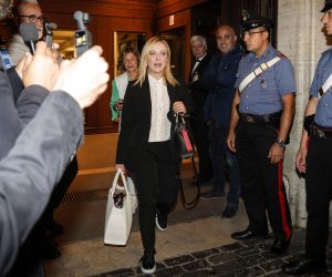 epa10221803 President of Italian party 'Brothers of Italy' (Fratelli d'Italia), Giorgia Meloni, leaves the Lower House, in Rome, Italy, 03 October 2022. Giorgia Meloni, who looks set to become the next premier after her right-wing party spearheaded the right coalition to victory, is currently holding a series of meetings on the make-up of the new executive.  EPA/GIUSEPPE LAMI