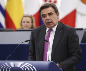 epa10224516 European Commission Vice-President for Promoting the European Way of Life, Margaritis Schinas, speaks during a debate on 'Countering the anti-European and anti-Ukrainian propaganda of Putin’s European cronies', at the European Parliament in Strasbourg, France, 05 October 2022. The session runs from 03 till 06 October.  EPA/JULIEN WARNAND