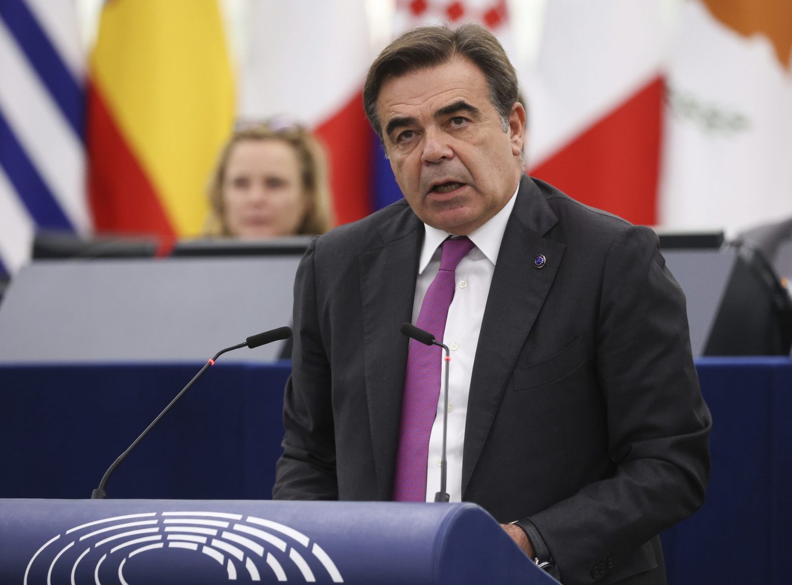 epa10224516 European Commission Vice-President for Promoting the European Way of Life, Margaritis Schinas, speaks during a debate on 'Countering the anti-European and anti-Ukrainian propaganda of Putin’s European cronies', at the European Parliament in Strasbourg, France, 05 October 2022. The session runs from 03 till 06 October.  EPA/JULIEN WARNAND