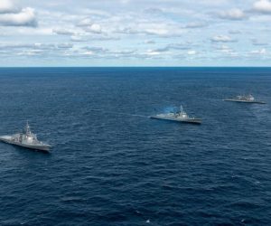 epa10228574 A handout photo made available by the US Department of Defense shows a South Korea-US-Japan joint naval drill in the East Sea, 06 October 2022, in response to North Korea's latest firing of intermediate-range ballistic and short-range ballistic missiles. South Korea's defense ministry said high-level defense officials of the three nations held phone talks on 07 October, discussing ways to jointly counter the North's provocations.  EPA/US DEPARTMENT OF DEFENSE / HANDOUT SOUTH KOREA OUT HANDOUT EDITORIAL USE ONLY/NO SALES