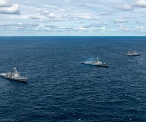 epa10228574 A handout photo made available by the US Department of Defense shows a South Korea-US-Japan joint naval drill in the East Sea, 06 October 2022, in response to North Korea's latest firing of intermediate-range ballistic and short-range ballistic missiles. South Korea's defense ministry said high-level defense officials of the three nations held phone talks on 07 October, discussing ways to jointly counter the North's provocations.  EPA/US DEPARTMENT OF DEFENSE / HANDOUT SOUTH KOREA OUT HANDOUT EDITORIAL USE ONLY/NO SALES