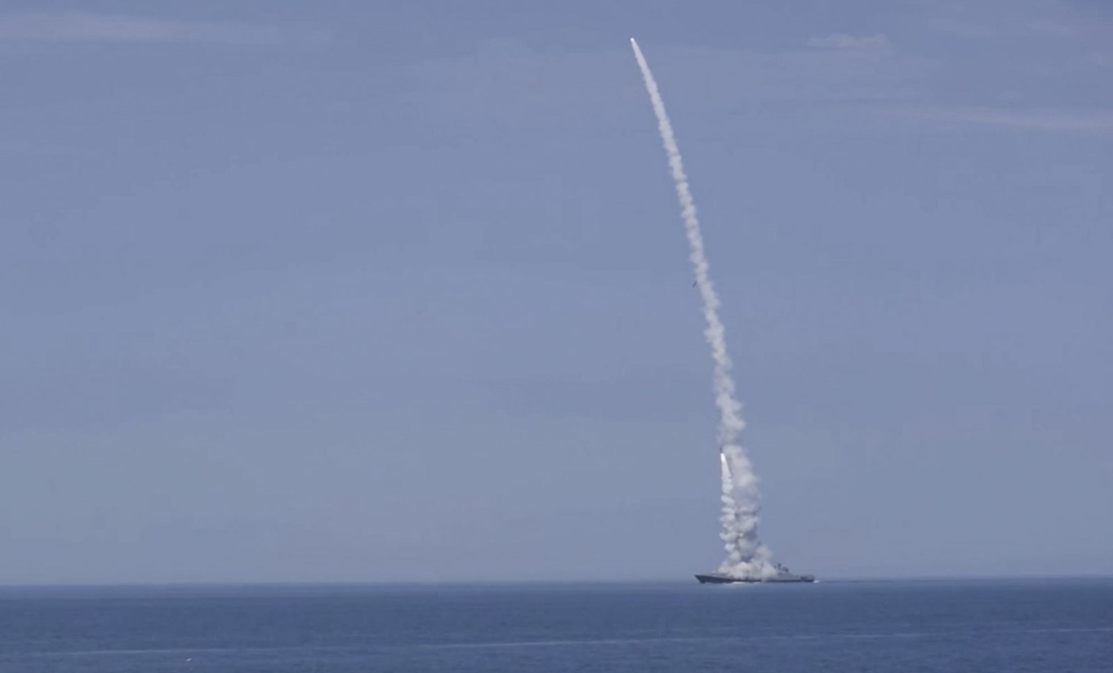 epa10234441 A still image taken from a handout video made available by the Russian Defence Ministry press service on 10 October 2022, of a Russian warship firing missiles at an undisclosed location in the Black Sea. The Russian Defense Ministry announced on 10 October 2022, that its armed forces carried out massive strikes on military objects as well as communications and energy systems of Ukraine. On 24 February 2022 Russian troops entered the Ukrainian territory in what the Russian president declared a 'Special Military Operation', starting an armed conflict that has provoked destruction and a humanitarian crisis.  EPA/RUSSIAN DEFENCE MINISTRY PRESS SERVICE HANDOUT -- MANDATORY CREDIT -- BEST QUALITY AVAILABLE -- HANDOUT EDITORIAL USE ONLY/NO SALES