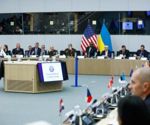 epa10238524 A view of the meeting room at the start of a Meeting of the Ukraine Defense contact group, as part of a NATO Council Defense Ministers at the Alliance headquarters in Brussels, Belgium, 12 October 2022. Meetings of the North Atlantic Council (NAC) at the level of Defence Ministers will be held at the NATO Headquarters on 12 and 13 October 2022.  EPA/STEPHANIE LECOCQ