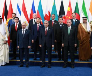 epa10240135 (L-R, front row) Emir of Qatar Sheikh Tamim Bin Hamad Al-Thani, Russian President Vladimir Putin, Kazakhstan's President Kassym-Jomart Tokayev, Turkish President Recep Tayyip Erdogan, Uzbekistan's President Shavkat Mirziyoyev and other participants pose a photo during the 6th Summit of the Conference on Interaction and Confidence Building Measures in Asia (CICA) in Astana, Kazakhstan, 13 October 2022.  EPA/KAZAKHSTAN'S PRESIDENT PRESS SERVICE /  SPUTNIK POOL MANDATORY CREDIT