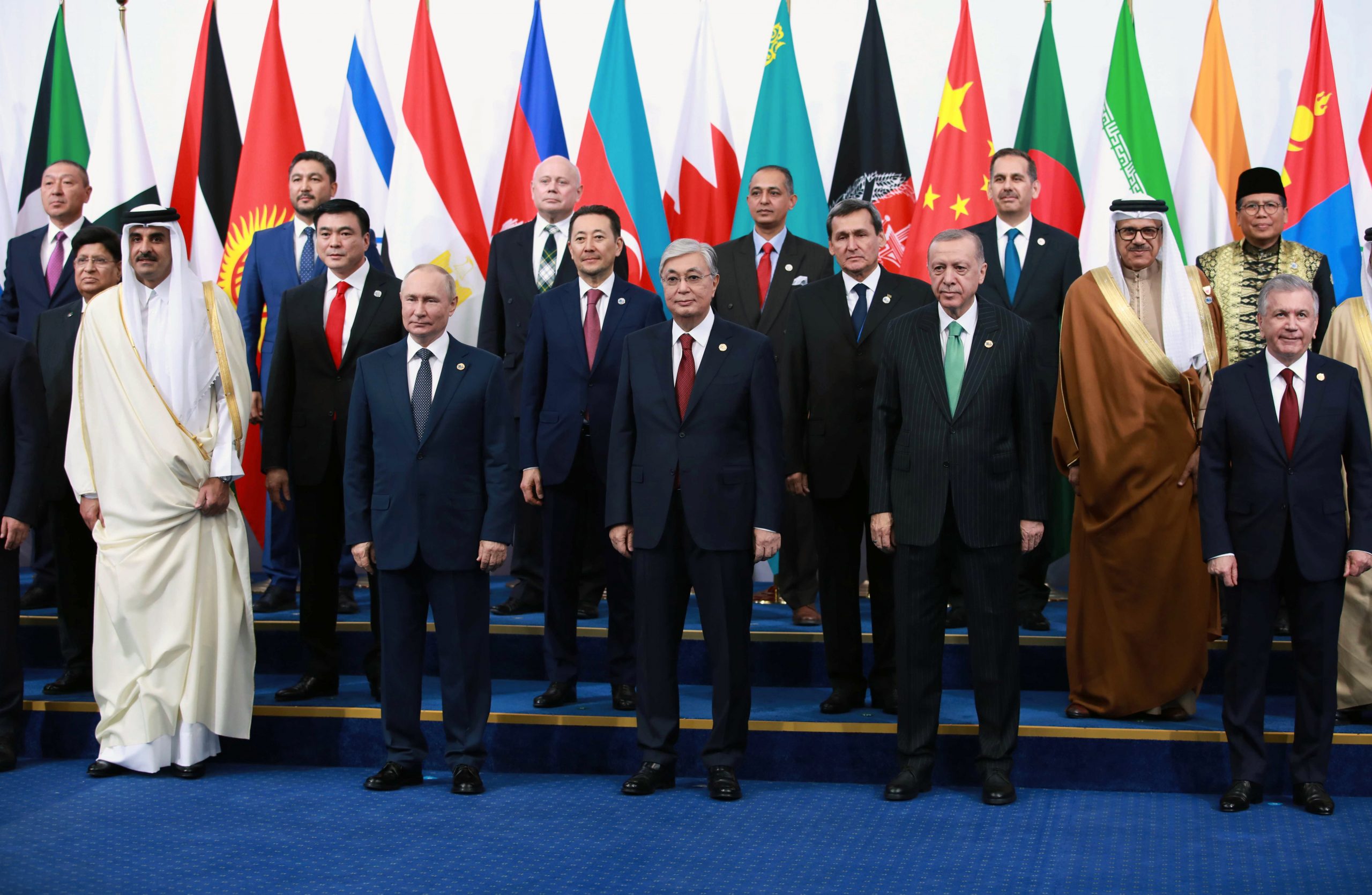 epa10240135 (L-R, front row) Emir of Qatar Sheikh Tamim Bin Hamad Al-Thani, Russian President Vladimir Putin, Kazakhstan's President Kassym-Jomart Tokayev, Turkish President Recep Tayyip Erdogan, Uzbekistan's President Shavkat Mirziyoyev and other participants pose a photo during the 6th Summit of the Conference on Interaction and Confidence Building Measures in Asia (CICA) in Astana, Kazakhstan, 13 October 2022.  EPA/KAZAKHSTAN'S PRESIDENT PRESS SERVICE /  SPUTNIK POOL MANDATORY CREDIT