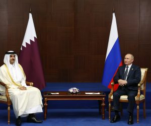 epa10240257 Emir of Qatar Sheikh Tamim Bin Hamad Al-Thani (L) and Russian President Vladimir Putin (R) attend a meeting on the sidelines of the 6th Summit of the Conference on Interaction and Confidence Building Measures in Asia (CICA) in Astana, Kazakhstan, 13 October 2022.  EPA/VYACHESLAV PROKOFIYEV / KREMLIN / SPUTNIK  POOL MANDATORY CREDIT