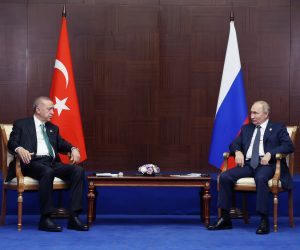 epa10240441 Turkish President Recep Tayyip Erdogan (L) attends a meeting with Russian President Vladimir Putin (R) on the sidelines of the 6th Summit of the Conference on Interaction and Confidence Building Measures in Asia (CICA) in Astana, Kazakhstan, 13 October 2022.  EPA/VYACHESLAV PROKOFYEV / KREMLIN  / SPUTNIK POOL MANDATORY CREDIT